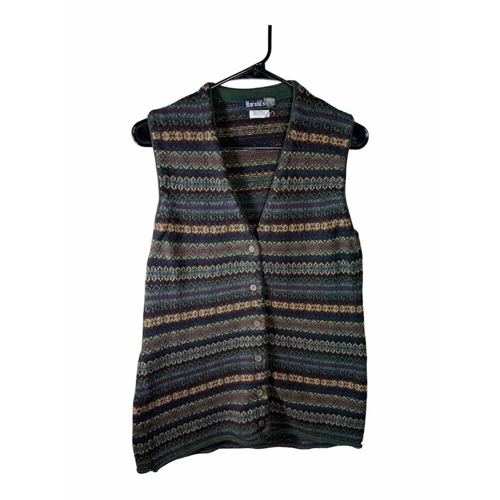 Vintage Harold’s  Sweater Vest Men’s L Multicolor Stripe Button Front Fair Isle